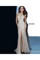 Beaded Fitted Halter Sheer Slit Gown by Jovani 2609 - 00 / Nude - Long Formal Dresses
