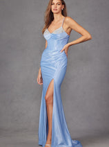 Beaded Fitted Sleeveless Satin Slit Gown by Juliet JT2434A