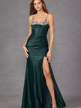 Beaded Fitted Sleeveless Satin Slit Gown by Juliet JT2434A
