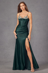 Beaded Fitted Sleeveless Satin Slit Gown by Juliet JT2434A - Long Formal Dresses