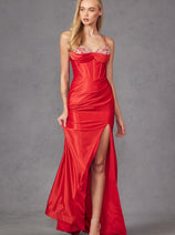 Beaded Fitted Sleeveless Satin Slit Gown by Juliet JT2434A