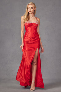 Beaded Fitted Sleeveless Satin Slit Gown by Juliet JT2434A - Long Formal Dresses