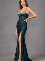 Beaded Fitted Sleeveless Satin Slit Gown by Juliet JT2434A
