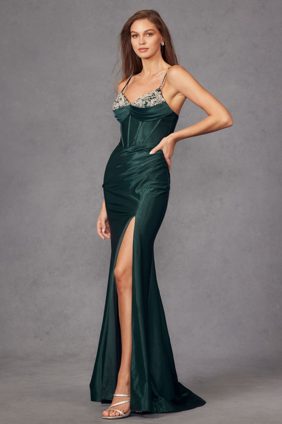 Beaded Fitted Sleeveless Satin Slit Gown by Juliet JT2434A - Long Formal Dresses