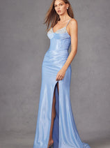 Beaded Fitted Sleeveless Satin Slit Gown by Juliet JT2434A