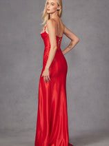 Beaded Fitted Sleeveless Satin Slit Gown by Juliet JT2434A