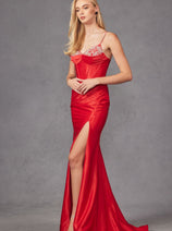 Beaded Fitted Sleeveless Satin Slit Gown by Juliet JT2434A