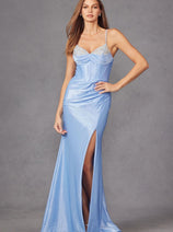 Beaded Fitted Sleeveless Satin Slit Gown by Juliet JT2434A