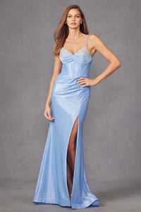 Beaded Fitted Sleeveless Satin Slit Gown by Juliet JT2434A - Long Formal Dresses