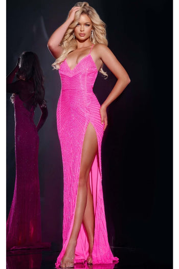 Beaded Fitted Sleeveless Slit Gown by Jovani 36339 - 00 / Fuchsia - Long Formal Dresses