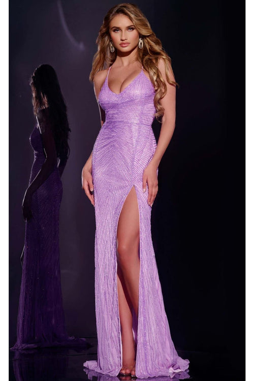Beaded Fitted Sleeveless Slit Gown by Jovani 36339 - 00 / Lilac - Long Formal Dresses