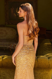 Beaded Fitted Strapless Slit Gown by GLS Gloria GL3581 - Long Formal Dresses