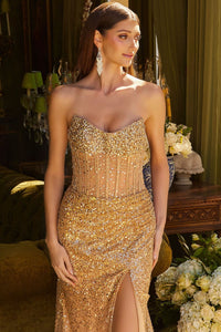 Beaded Fitted Strapless Slit Gown by GLS Gloria GL3581 - Long Formal Dresses