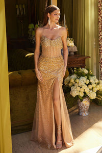 Beaded Fitted Strapless Slit Gown by GLS Gloria GL3581 - XS / Gold - Long Formal Dresses