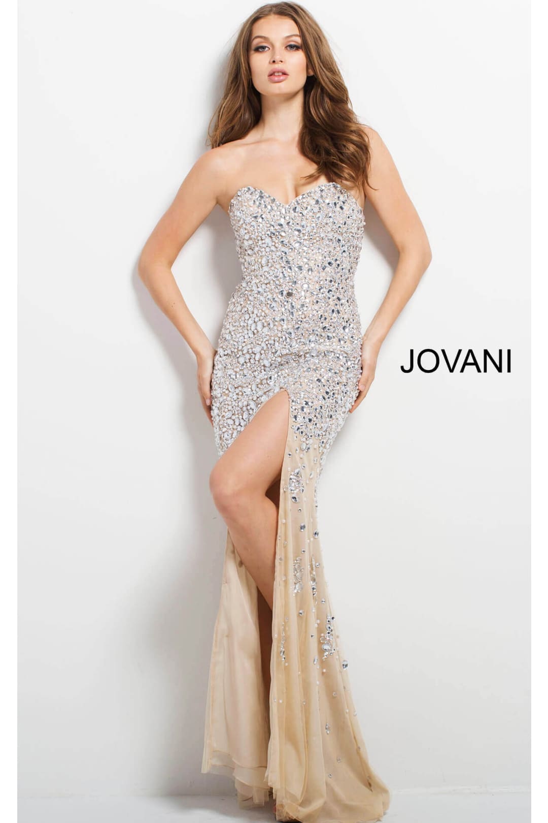 Beaded Fitted Strapless Slit Gown by Jovani 4247 - 00 / Silver/Nude - Long Formal Dresses