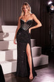 Beaded Fitted Strapless Slit Gown by Ladivine CM367 - Black / Long Formal Dresses