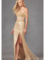 Beaded Fringe Sleeve Prom Gown by Juliet JT2471L