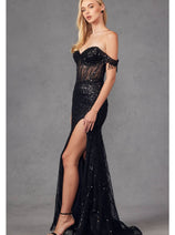 Beaded Fringe Sleeve Prom Gown by Juliet JT2471L