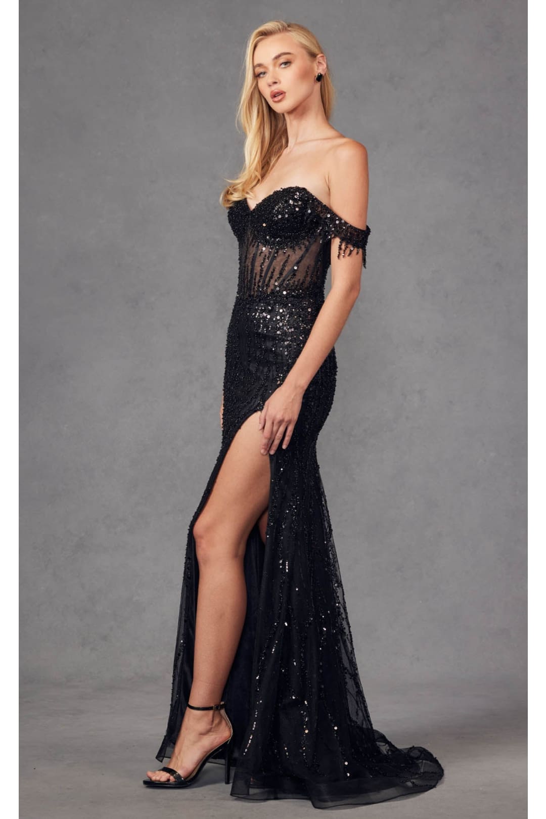 Beaded Fringe Sleeve Prom Gown by Juliet JT2471L - Dress