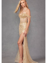 Beaded Fringe Sleeve Prom Gown by Juliet JT2471L