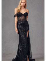 Beaded Fringe Sleeve Prom Gown by Juliet JT2471L