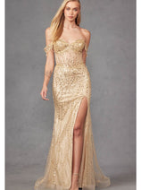 Beaded Fringe Sleeve Prom Gown by Juliet JT2471L