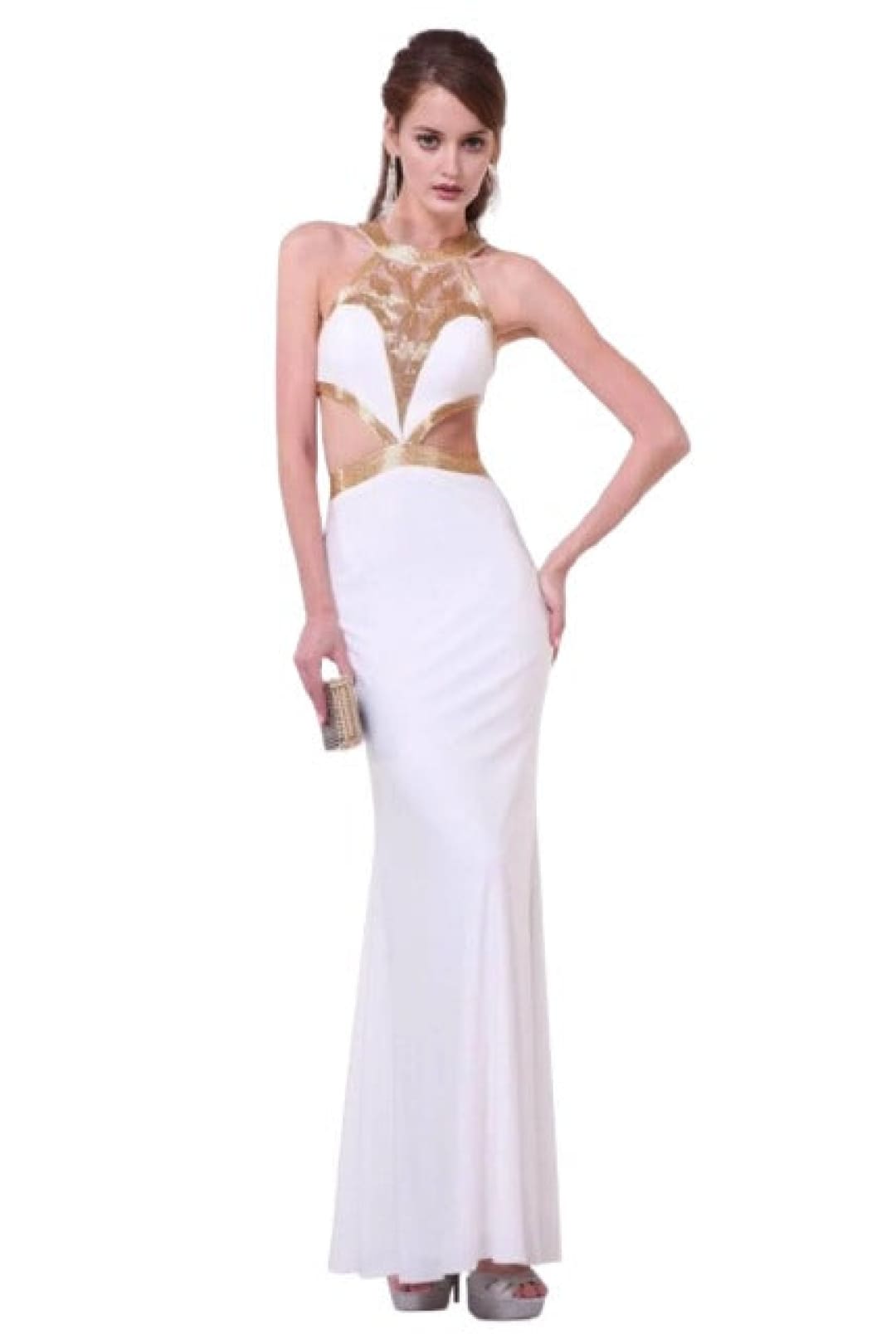 Beaded Halter Neck Cutout Gown 2025 Elegant Evening Dress - Off White / 2 - Prom