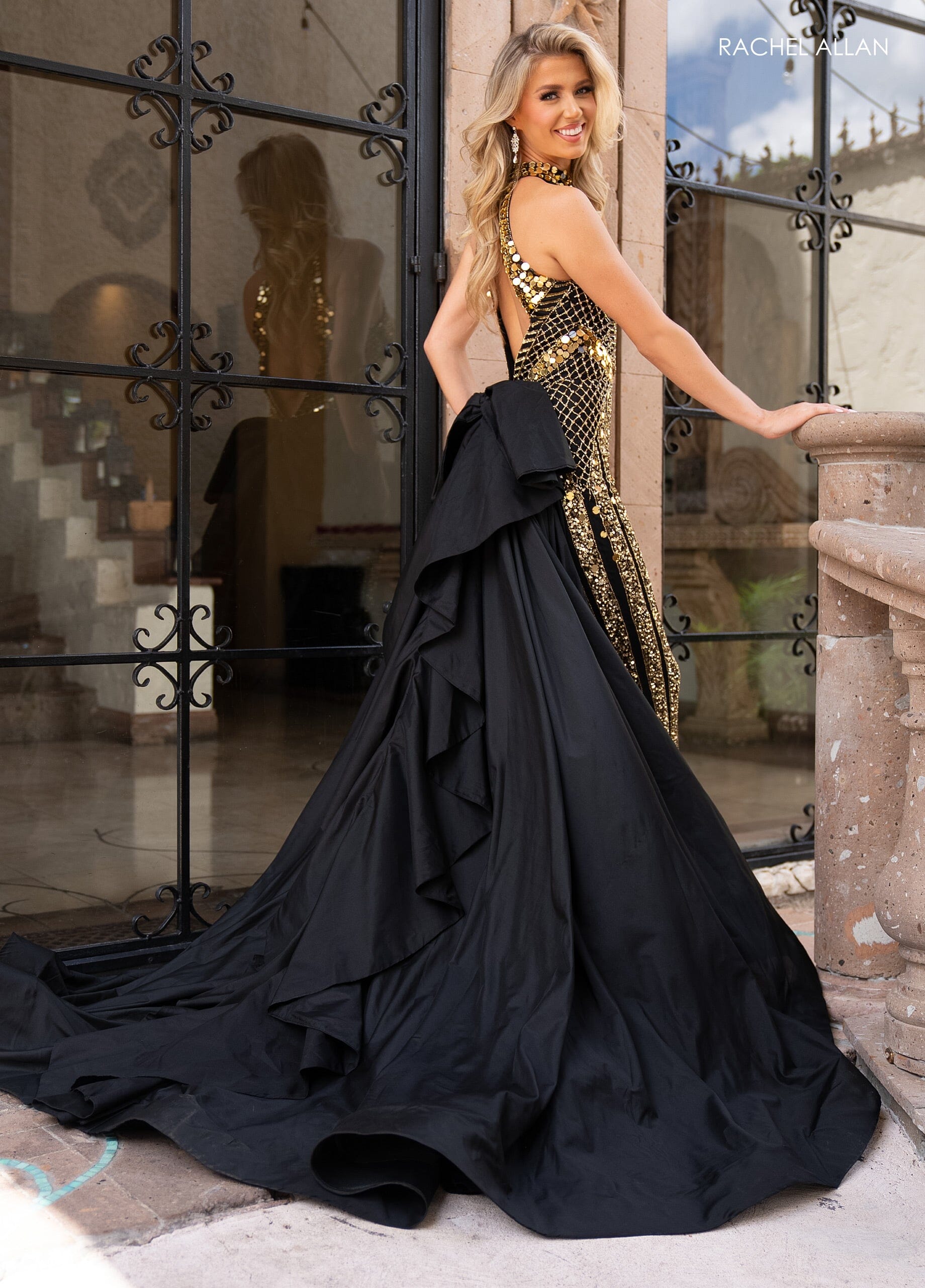 Rachel Allan 50302 Beaded Halter Overskirt Jumpsuit