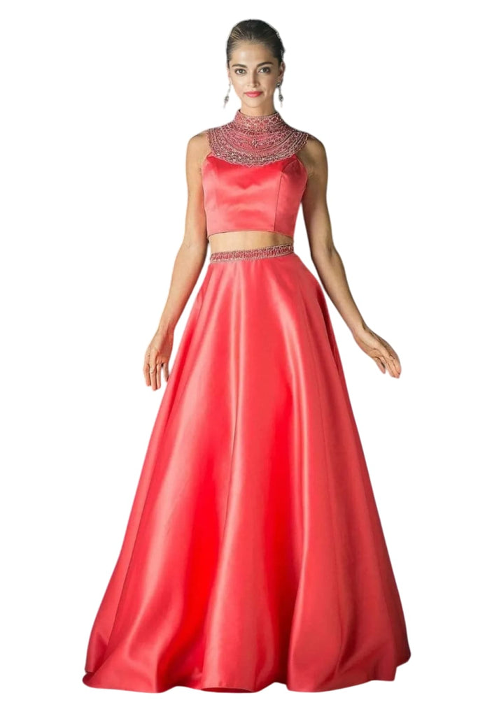 Beaded High Neck Two-Piece Gown 2025 Elegant Evening Dress - Coral / 2 - Prom