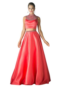 Beaded High Neck Two-Piece Gown 2025 Elegant Evening Dress - Coral / 2 - Prom