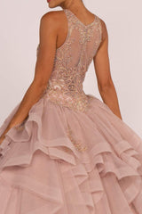 Beaded Illusion Ball Gown with Layered Skirt by Elizabeth K GL2513 - Quinceanera Dresses