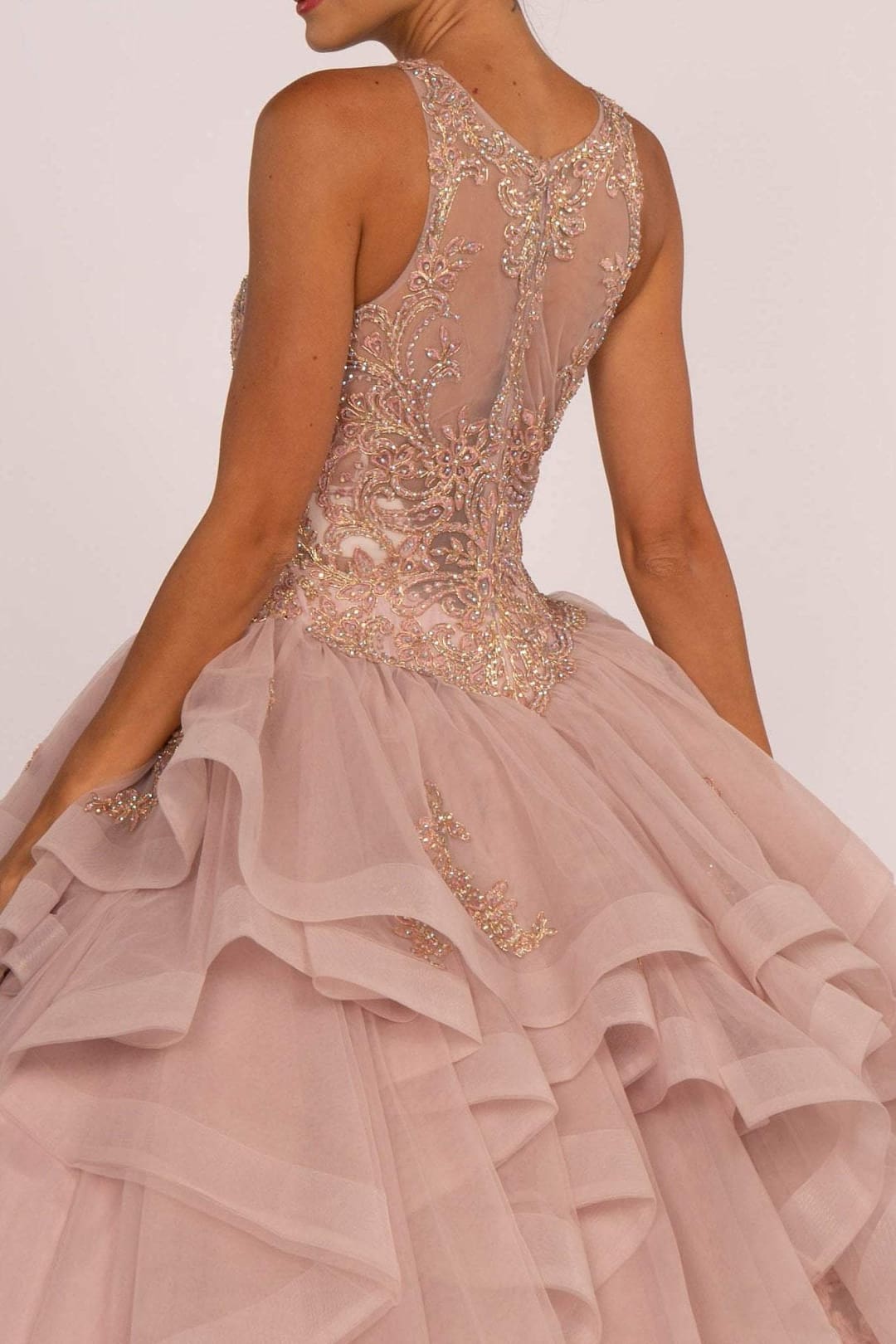 Beaded Illusion Ball Gown with Layered Skirt by Elizabeth K GL2513 - Quinceanera Dresses