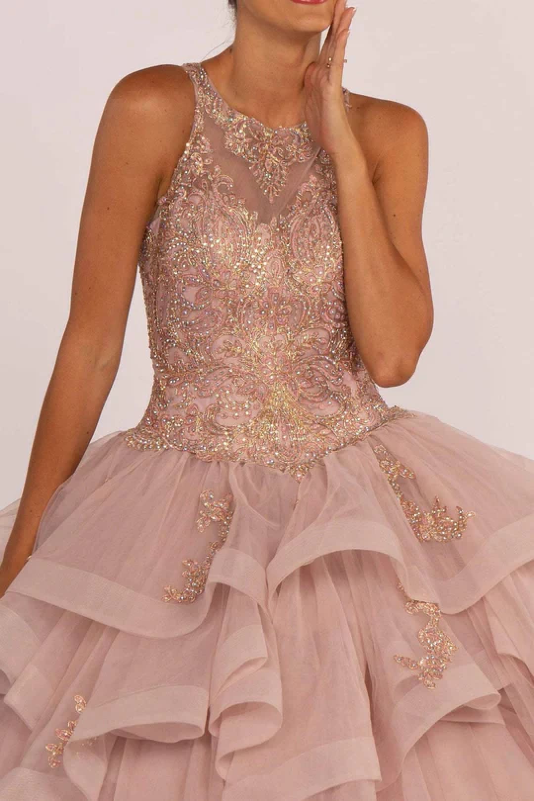Beaded Illusion Ball Gown with Layered Skirt by Elizabeth K GL2513 - Quinceanera Dresses