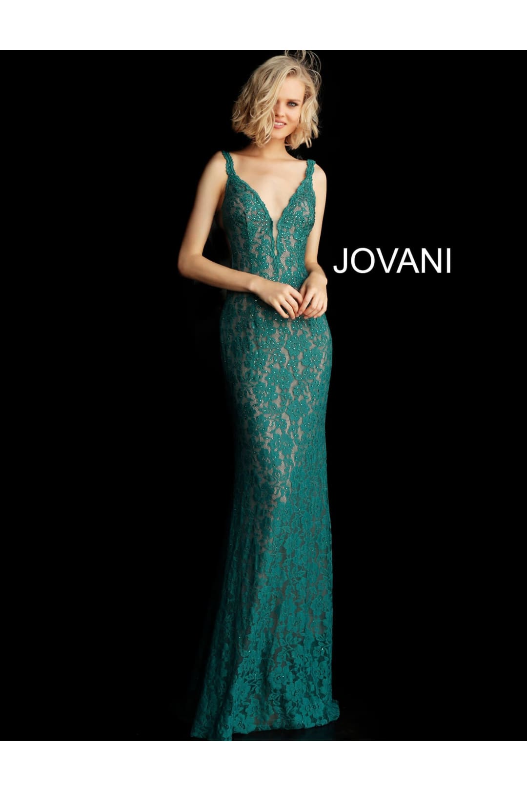 Beaded Lace Fitted Sleeveless Gown by Jovani 48994 - 00 / Emerald - Long Formal Dresses