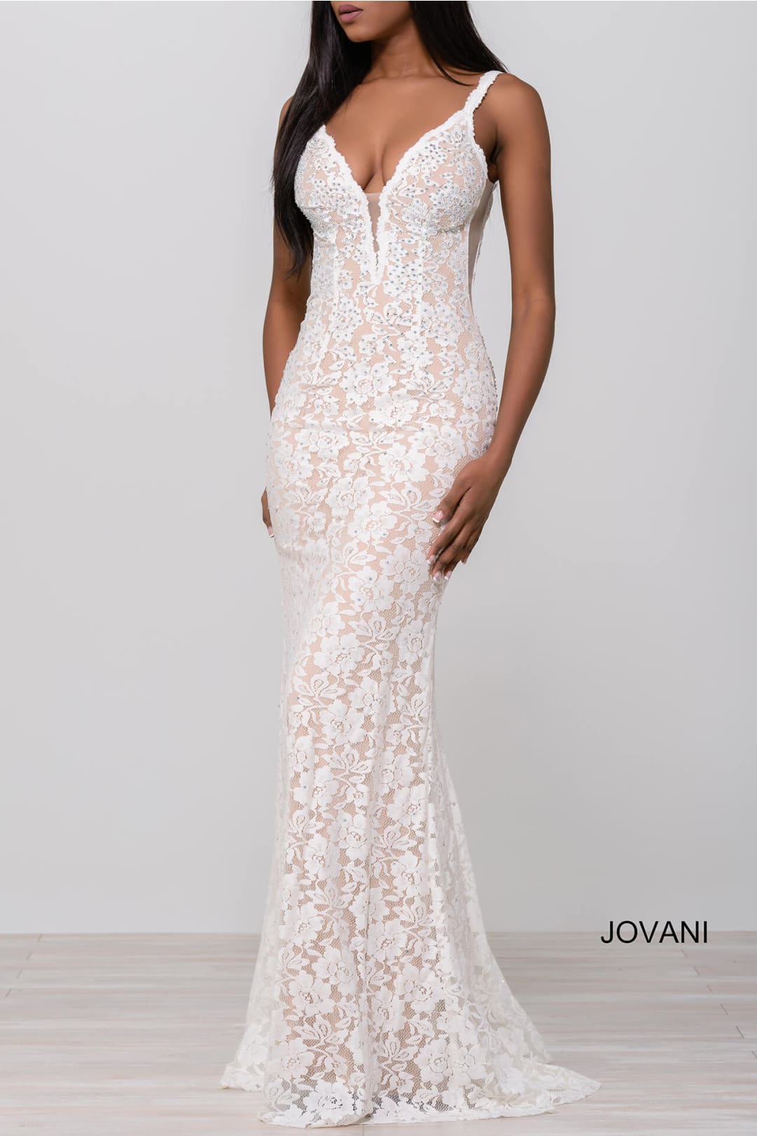 Beaded Lace Fitted Sleeveless Gown by Jovani 48994 - 00 / White - Long Formal Dresses