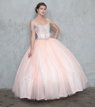Beaded Long Cold Shoulder Dress with A-line Skirt-Quinceanera Dresses-ABC Fashion