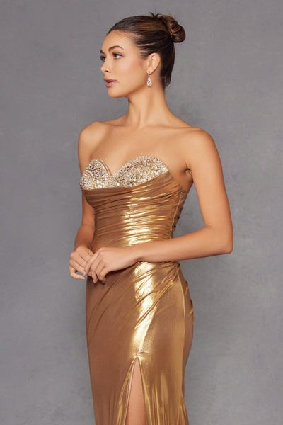 Beaded Metallic Strapless Slit Gown by Juliet JT2501A - Long Formal Dresses