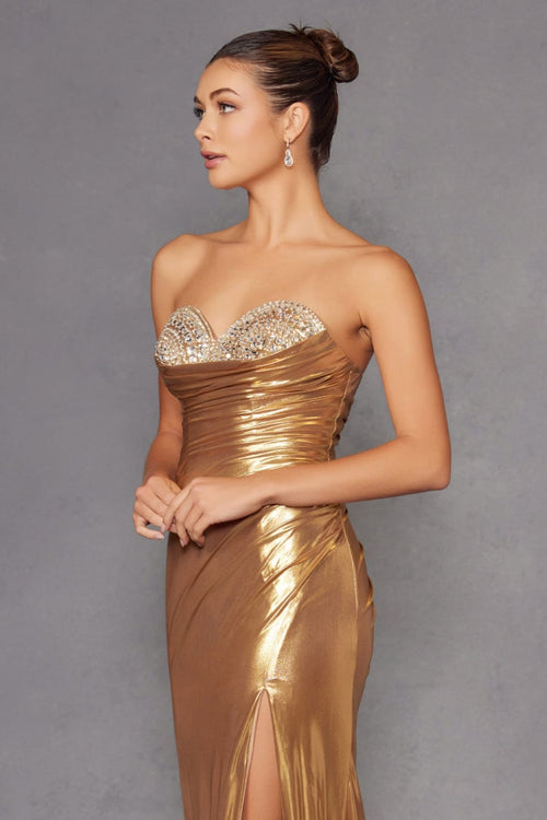 Beaded Metallic Strapless Slit Gown by Juliet JT2501A - Long Formal Dresses