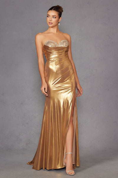 Beaded Metallic Strapless Slit Gown by Juliet JT2501A - Long Formal Dresses
