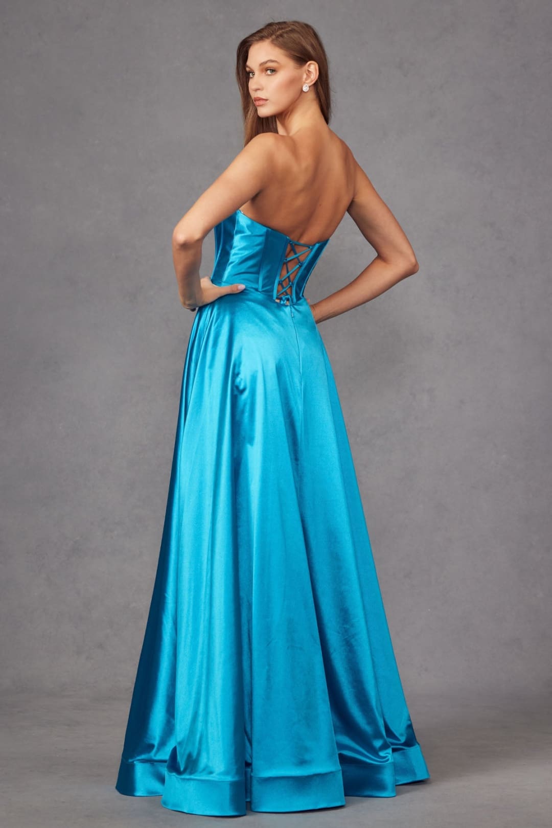 Beaded Mikado Strapless A-line Slit Gown by Juliet JT2435A - Long Formal Dresses