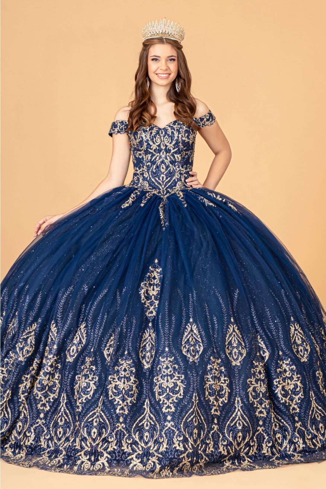 slim fit dress slacks Sleeveless Metallic Embroidered Prom Dress with Slit Navy / Small main image 1