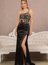 Beaded One Shoulder Slit Gown by Elizabeth K GL3125