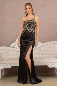 Beaded One Shoulder Slit Gown by Elizabeth K GL3125 - XS / Black - Long Formal Dresses