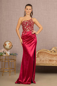 Beaded One Shoulder Slit Gown by Elizabeth K GL3125 - XS / Burgundy - Long Formal Dresses