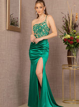 Beaded One Shoulder Slit Gown by Elizabeth K GL3125