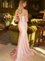 Beaded Satin Corset Slit Gown by Elizabeth K GL3538