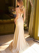 Beaded Satin Corset Slit Gown by Elizabeth K GL3538
