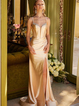 Beaded Satin Corset Slit Gown by Elizabeth K GL3538