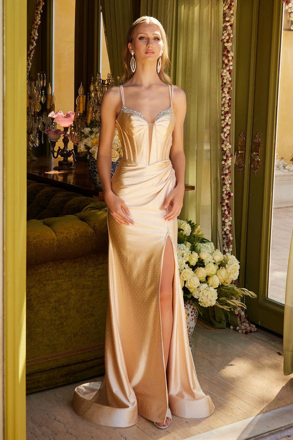 Beaded Satin Corset Slit Gown by Elizabeth K GL3538 - XS / Gold - Long Formal Dresses