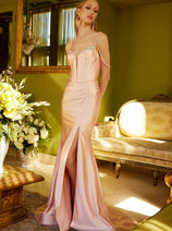 Beaded Satin Corset Slit Gown by Elizabeth K GL3538